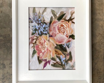 Framed Roses Painting, Impressionist Floral Art, Original Flower Painting, Acrylic on Canvas, Soft Colors, 9" x 12"