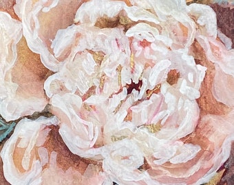 Original Watercolor Peony Painting, Iridescent Watercolor on Paper, Blush Peony on Burgundy