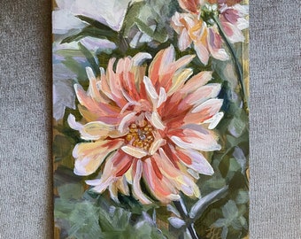 Original Acrylic Painting on Hardboard, Dahlia Garden, 5" x 7"