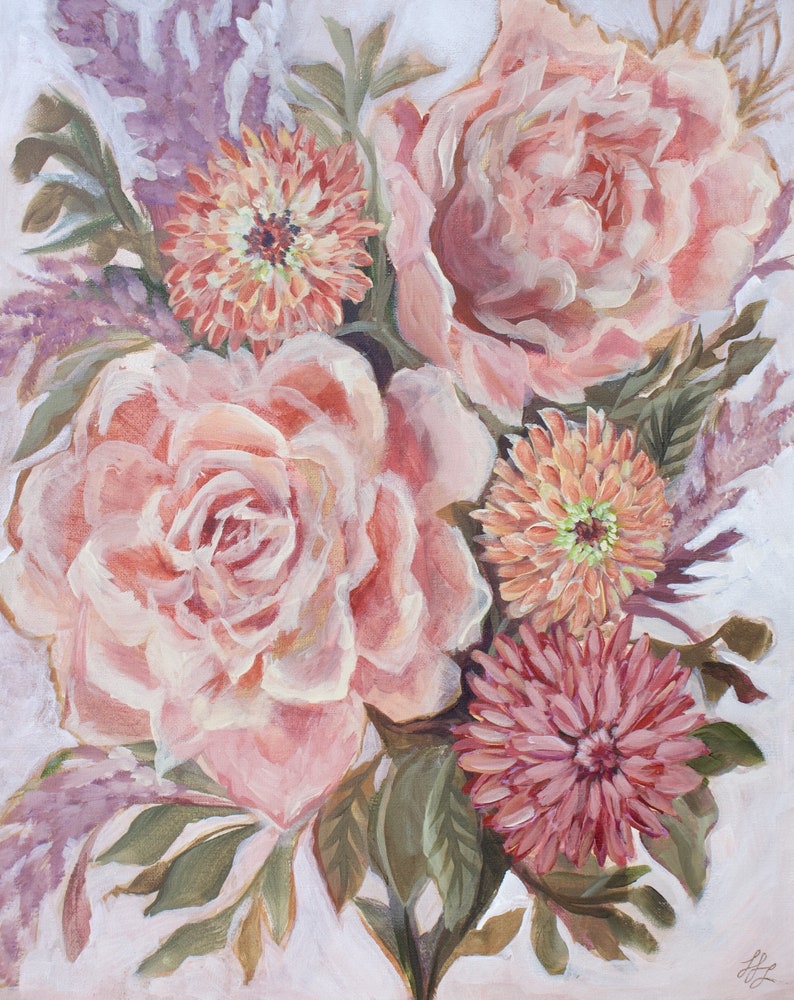 Pink Roses Painting, Botanical Flower Bouquet, Impressionist Floral, Acrylic on Canvas, Pink Flowers, Original Art image 1