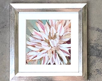 Framed Original Mini Painting, Cafe au Lait Dahlia, Small Artwork, Mixed Media, Works on Paper, 6" x 6"