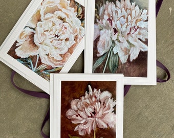 Peony Painting Art Cards Set,  Burgundy and Blush Peonies,  Botanical Blank Notecards, Floral Greeting Cards