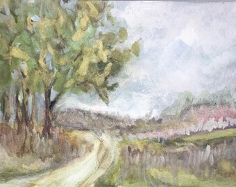 Landscape Painting, Oak Trees, Original 5” x 7” Artwork, Iridescent Watercolor, Acrylic Painting