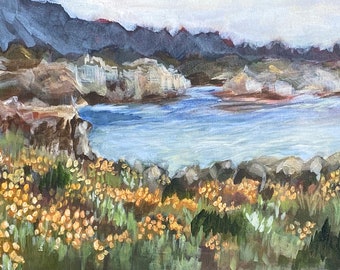 Wildflowers Landscape Painting, Pacific Coast, California, Original Acrylic on Canvas Painting, Poppies, Expressive Landscape