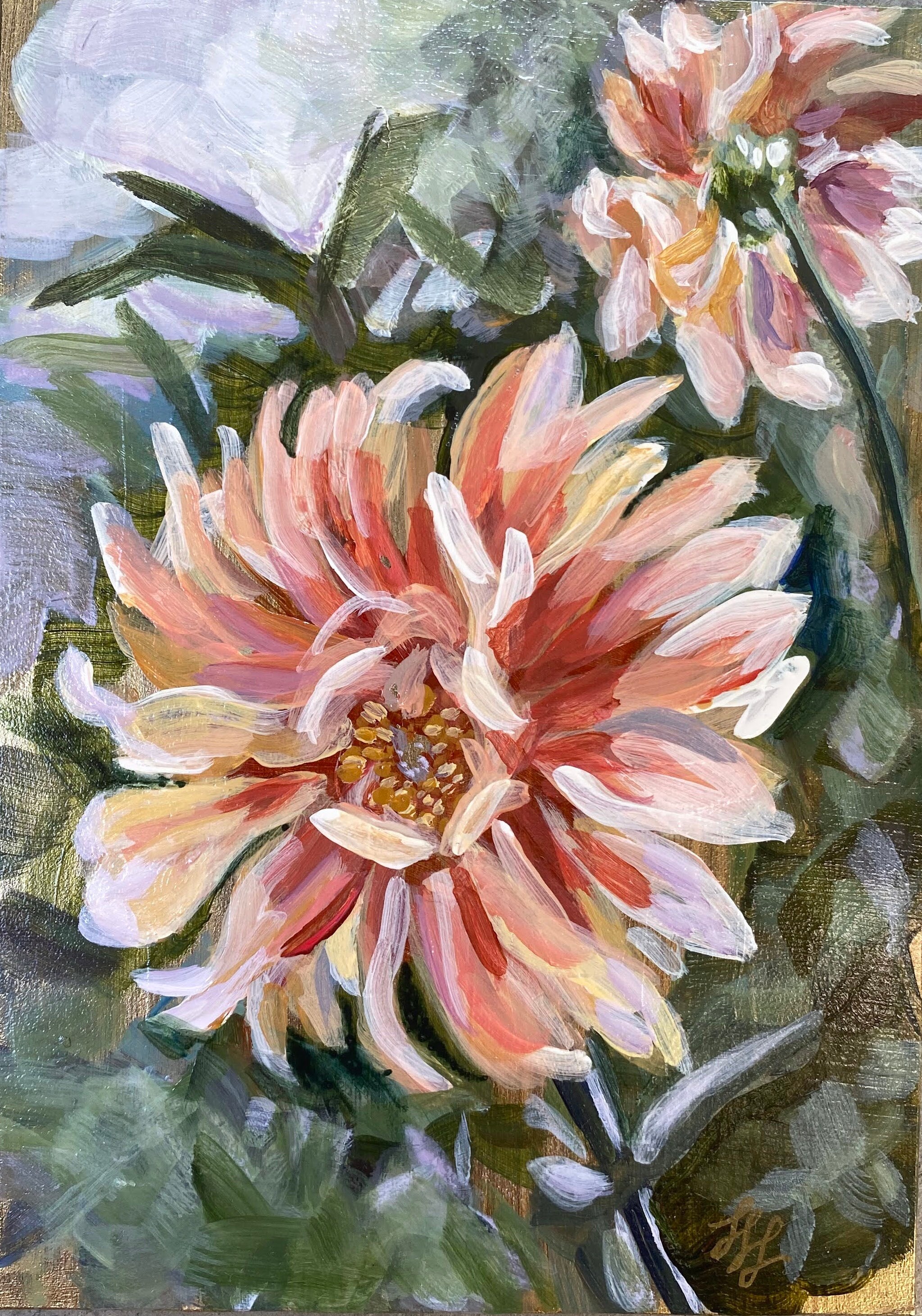 Framed Original Acrylic Painting on Hardboard, Dahlia Garden, 5