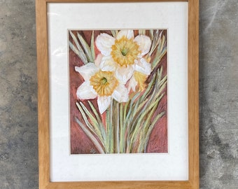 Original Framed Daffodils Painting, Floral Painting, Mixed Watermedia on Paper, Honey Oak Wood Frame