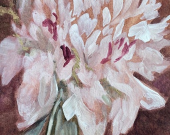 Original Mixed Media Peony Painting, Iridescent Watercolor on Paper, Blush Peony on Burgundy