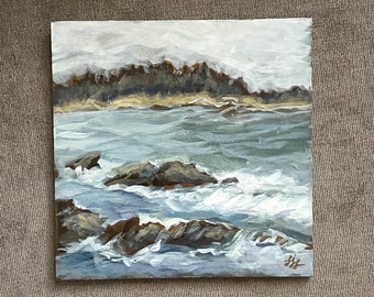 Original Seascape Painting, Acrylic on Gessoboard, Coastal Art, Carmel Beach, 5” x 5”