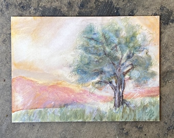 Original Watercolor Painting on Aquaboard, Oak Tree,  5" x 7", Iridescent, Tree Painting, Soft Colors, Mini Artwork