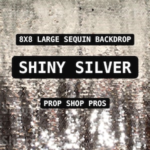 May include: A large silver sequin backdrop featuring a reflective, metallic surface. Text overlays read 8X8 LARGE SEQUIN BACKDROP, SHINY SILVER, and PROP SHOP PROS. The sequins create a shimmering, textured appearance across the entire display.
