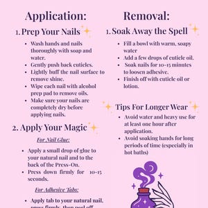 May include: A pink guide titled "Press-On Nail Application & Removal Guide" with instructions for applying and removing press-on nails. Includes steps for nail prep, application, and removal, with tips for longer wear. A purple potion bottle illustration is also included.