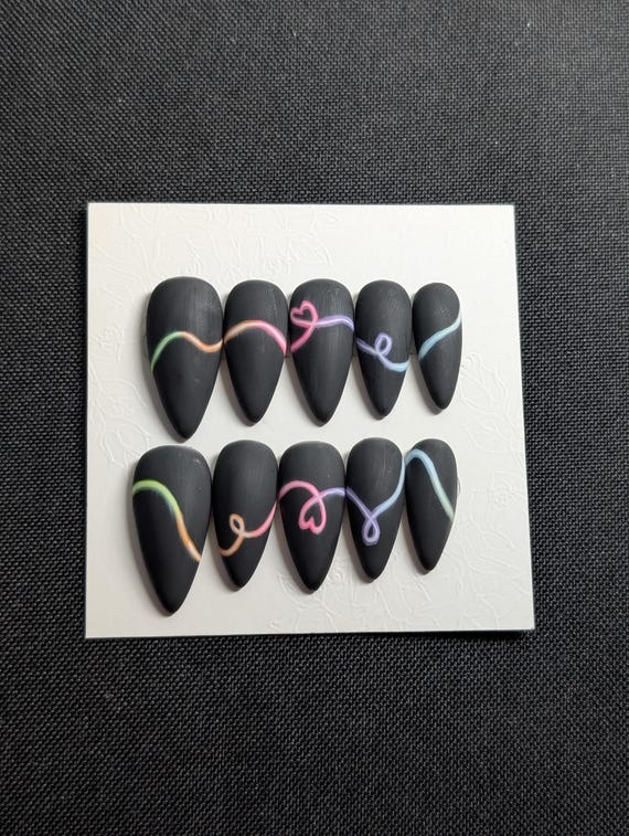 Matte Black Press-On Nails: Neon Line Art, Witchy Glow