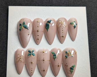 Emerald Enchantment Press-On Nails | Butterfly & Gold Star Design