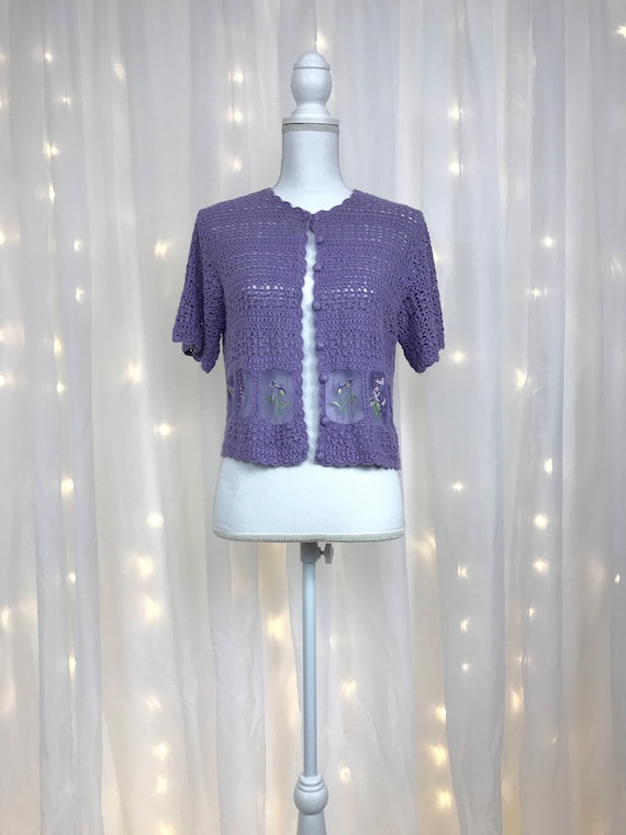 90s crochet SHEER crop top / lilac purple lavender