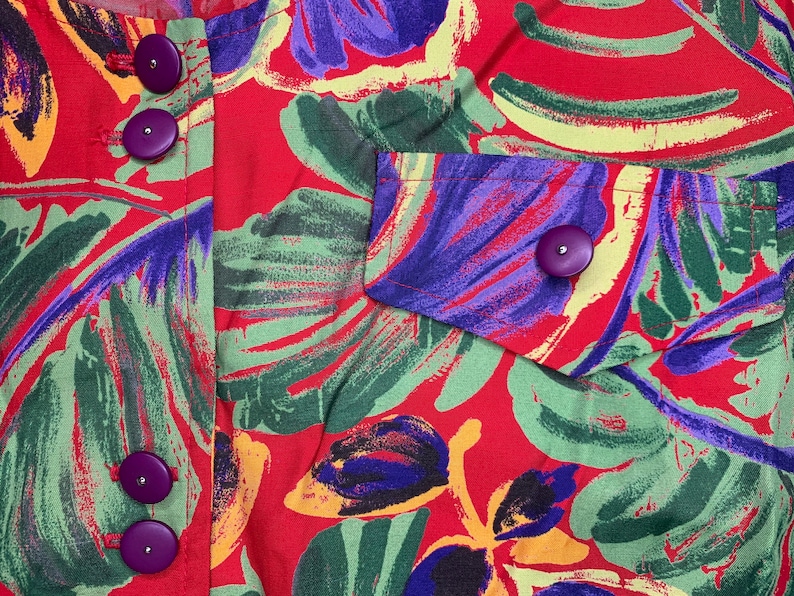 vtg 2 PIECE set tropical floral red green purple two high waisted crop top button down wrap skirt pants size small medium
