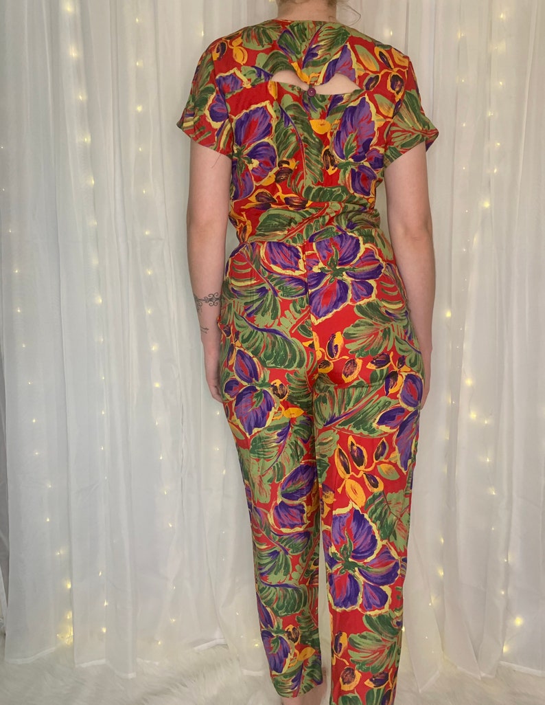 vtg 2 PIECE set tropical floral red green purple two high waisted crop top button down wrap skirt pants size small medium