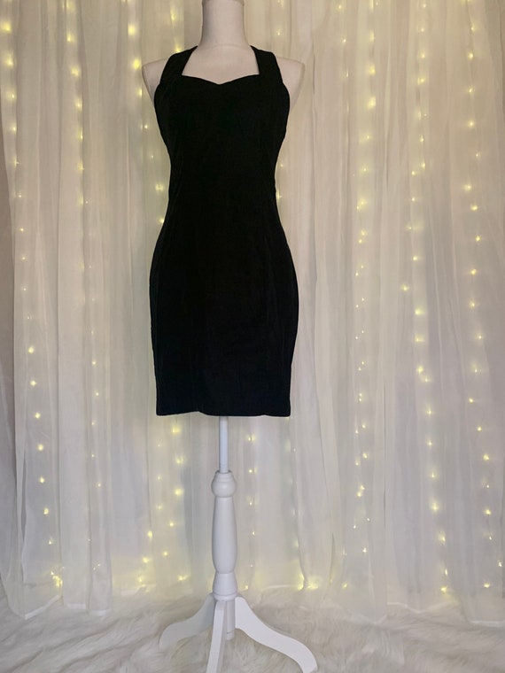 90s VELVET lbd / black mini dress / high neck fitt