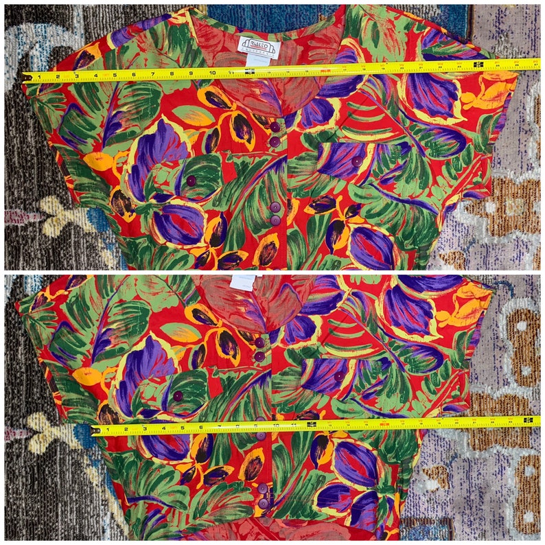 vtg 2 PIECE set tropical floral red green purple two high waisted crop top button down wrap skirt pants size small medium