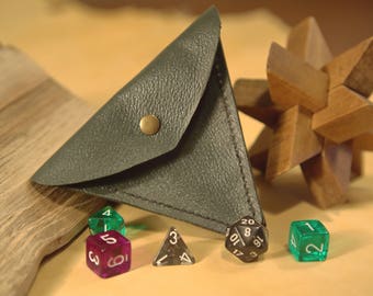 Green leather D4 shaped dice bag/pouch