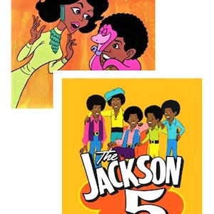 May include: A cartoon illustration of a family, featuring a mother and five sons. The mother is wearing a green dress and the sons are wearing colorful outfits. The illustration is set against a yellow background with the text "The Jackson 5" in large, bold letters.