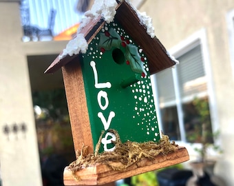 Wood Christmas Bird House Ornament Love