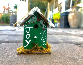 Wood Christmas Bird House Ornament Joy