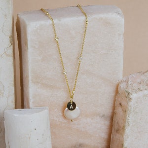 Bridesmaid, necklace with keshi pearl and silver medal with initial Gold plated + zircon