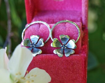 Hoop earrings on rose hip lobe in burnished silver