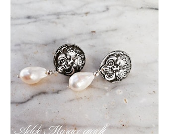 Lobe earrings with replica of ancient Greek coin and pearl