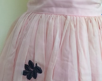 1950s Bubblegum Pink Skirt with Black Floral Embroidery || 50s Bubble Skirt