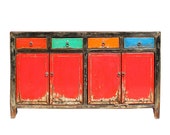 Chinese Distressed Red Multi-Color Drawers Sideboard Table Cabinet cs5917E
