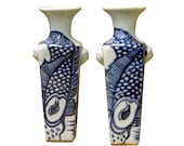 Pair Miniature Chinese Blue White Porcelain Graphic Square Vases cs3748E