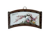Chinese Fan Shape Rosewood Porcelain Flower Birds Scenery Wall Plaque cs4151E