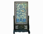 Chinese Blue White Dragon Theme Porcelain Wood Panel Divider Floor Screen cs4223E