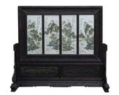 Chinese Porcelain Painted Natural Scenery On Heavy Carving Display Panel Frame mh304E