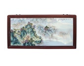 Chinese Rectangular Rosewood Porcelain Mountain Water Scenery Wall Plaque cs4188E