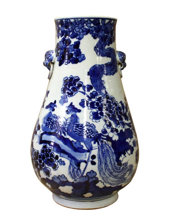 Chinese Blue White Porcelain Flower Birds Graphic Vase Cs2990e - Etsy
