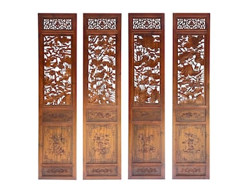 4 Pcs Chinese Brown Stain Lotus Pond Ducks Fishes Wood Panel Floor Screen ws3799E