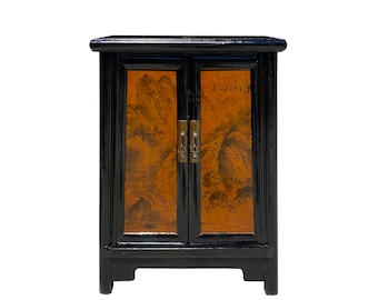 Chinese Distressed Black Yellow Scenery Graphic End Table Nightstand cs7348E