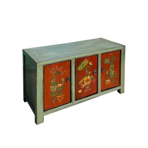 Chinese Vintage Gray Orange Flower Graphic Low TV Console Cabinet cs7427E image 4