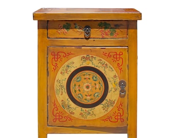 Chinese Oriental Distressed Mustard Yellow Graphic End Table Nightstand cs5767E