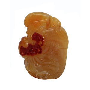 Yellow Jade Pendant Hand Carved Goddess Of Longevity With Peach And Lucky Bat n458E