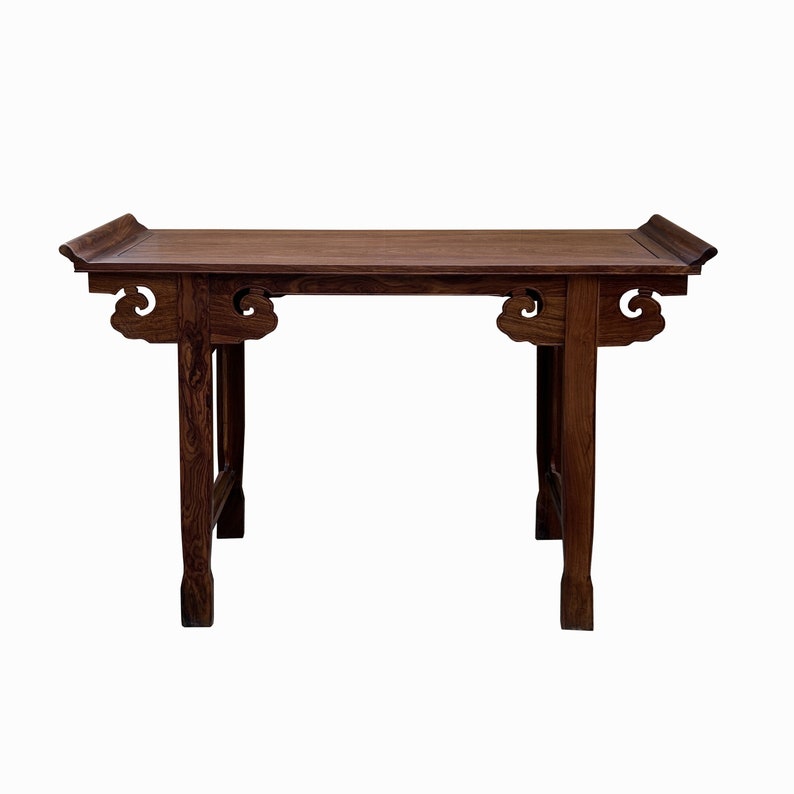 Chinese Brown Natural Wood Point Edge RuYi Apron Altar Console Table cs7730E image 3