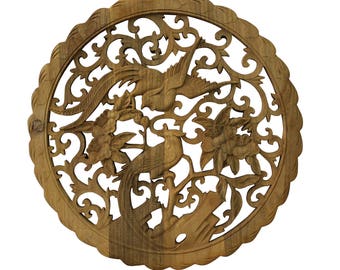 Chinese Round Wood Flower Birds Wall Plaque Hanging Panel cs3352E