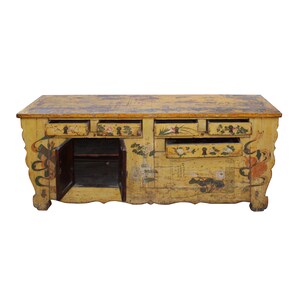 Chinese Distressed Yellow Oriental Flower Graphic TV Console Cabinet cs4539E image 6