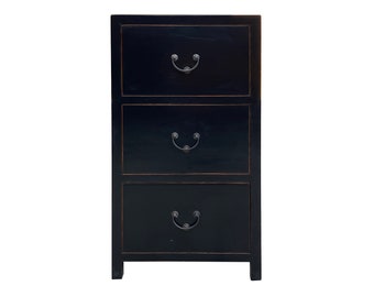 Oriental Black Lacquer 3 Drawers End Table Nightstand Cabinet cs7494E