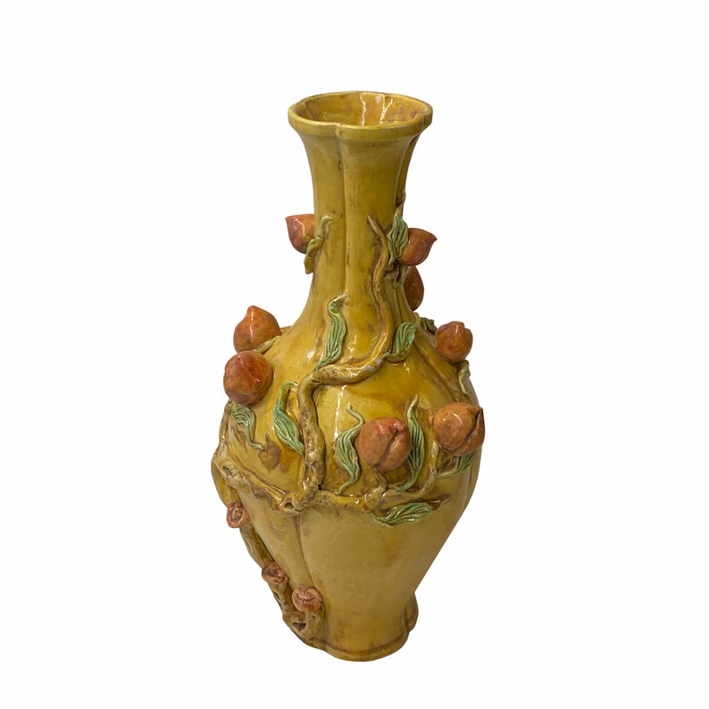 Handmade Chinese Ceramic Distressed Yellow Peach Theme Vase ws1769E image 2