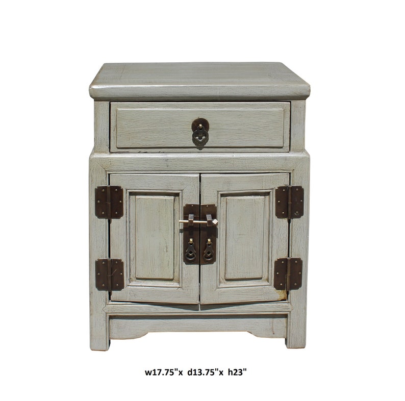 Chinese Distressed Light Gray Metal Hardware End Table Nightstand cs3917E image 5