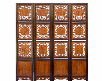 Chinese Scenery Carving 2 Brown Tone Wood Panel Floor Screen Display Shelf cs4256E