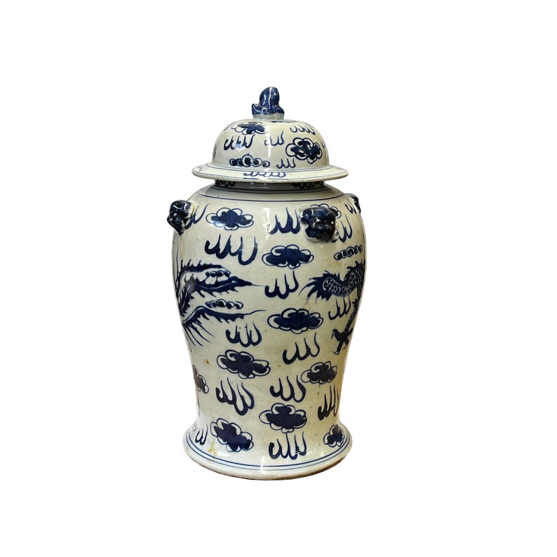 Chinese Blue & White Dragon Phoenix Porcelain Small Temple General Jar ws2880E image 3